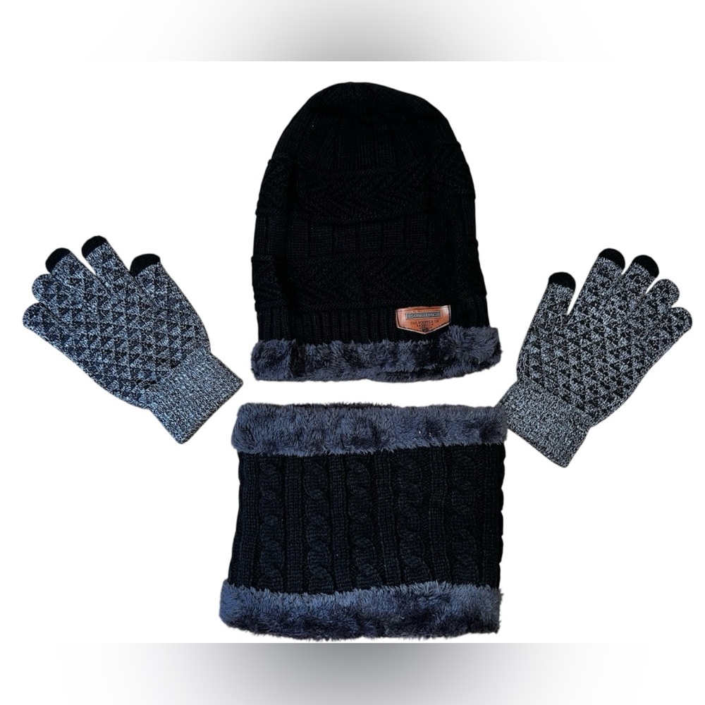 Warm Winter Beanie Hat & Gloves Set Stylish Knit Skull for Men Women